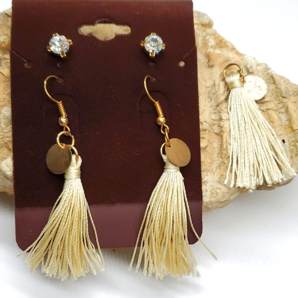 Boho Creme Tassel Earrings and Rhinestone Posts and Tassel Pendant Bundle